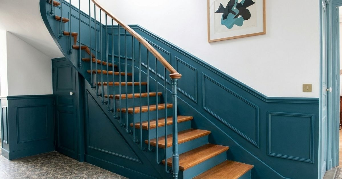 Escalier en bois repeint en bleu avec contre marche en bois.