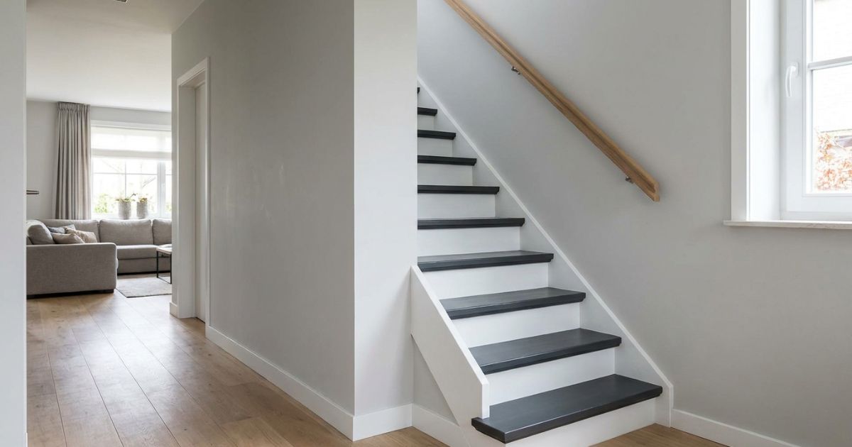 Intérieur d'une maison avec escalier peint en 2 couleurs (gris foncé pour les marches et blanc pour les contre marches).