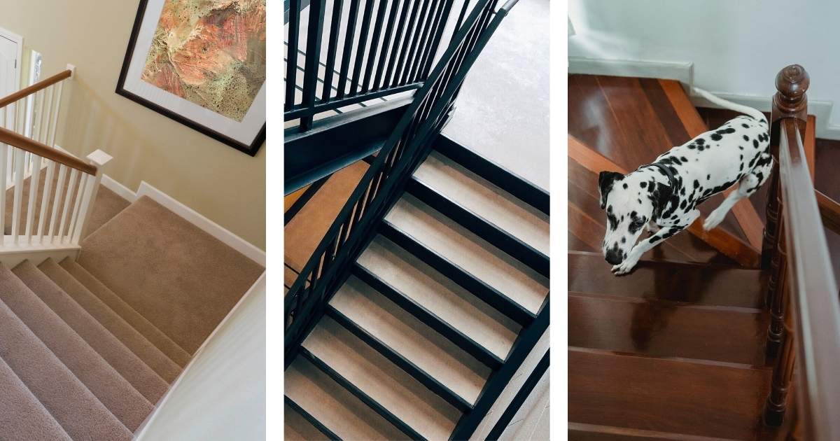 3 images d'escaliers avec des revêtements différents : tapis, vinyle et bois.