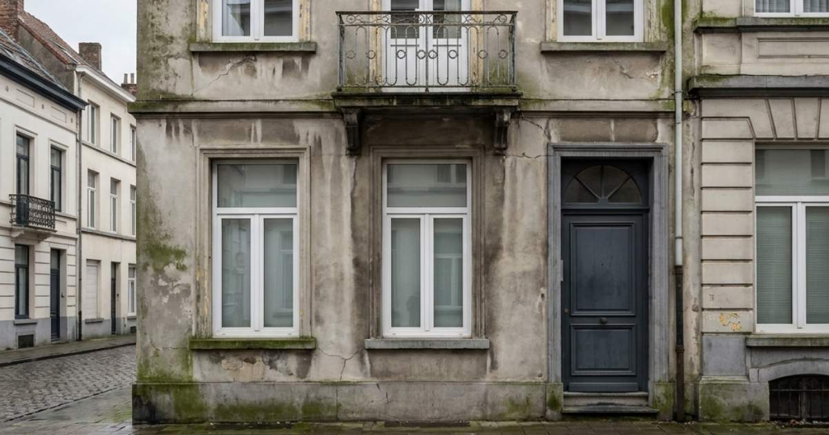 Façade bruxelloise en mauvais état sur le coin d'une rue.