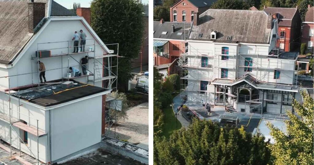 travaux de rénovation d'une façade ave pose de peinture sur crepi
